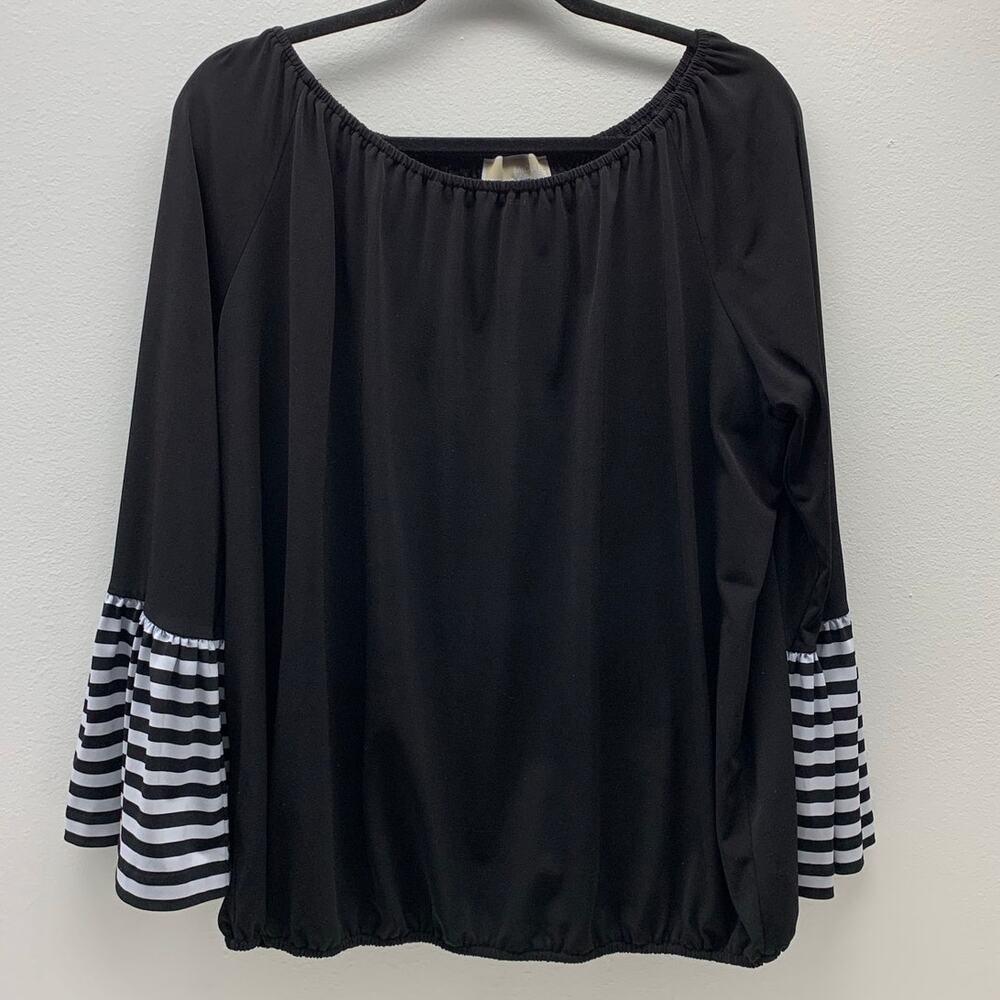 Michael Kors Womens XL Blouse Black White Bell Sleeve Striped Stretch Boho Basic